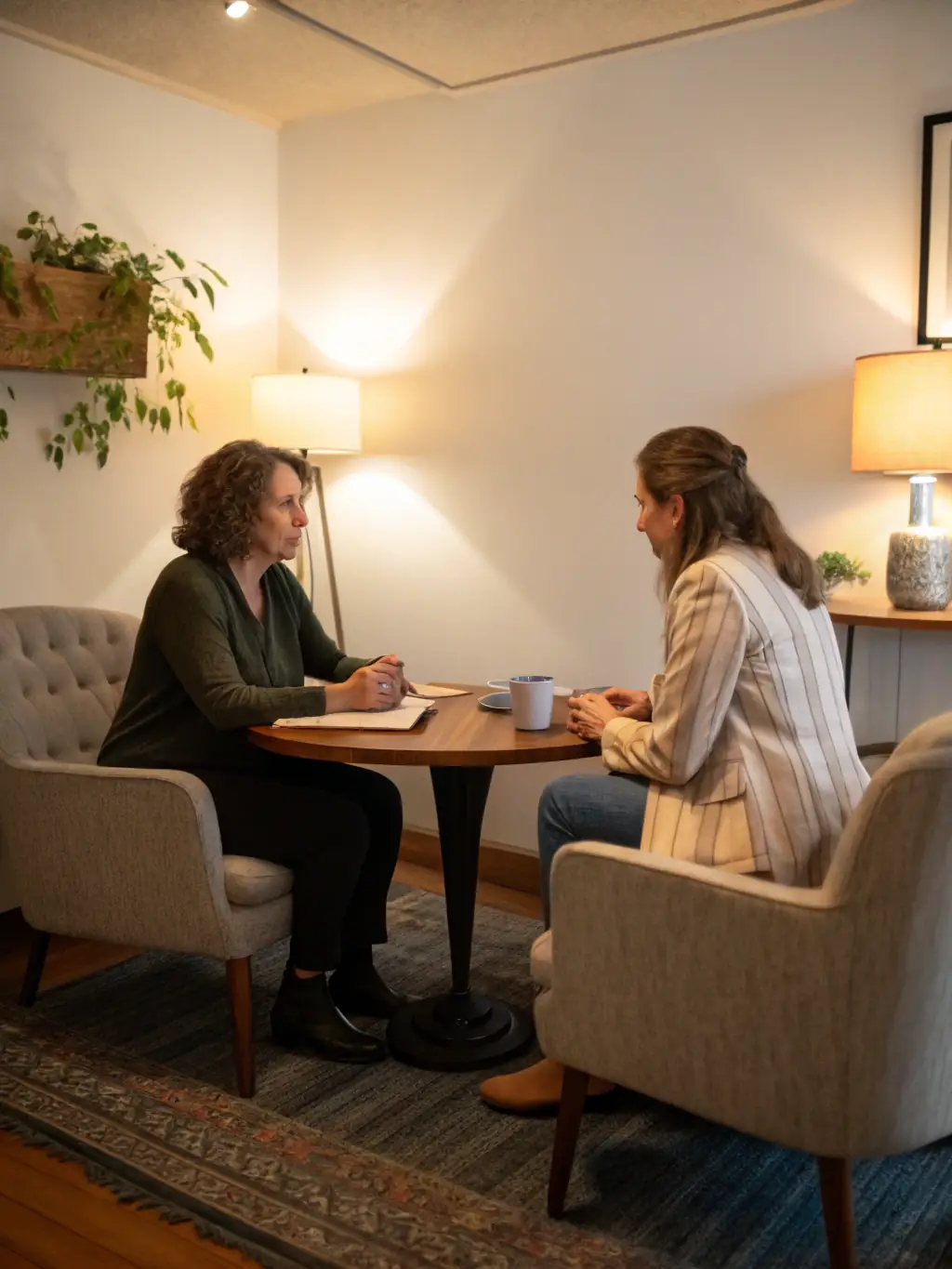A mentor and student in a one-on-one discussion, with the mentor offering advice and encouragement, illustrating personalized mentorship for JudiSure students.