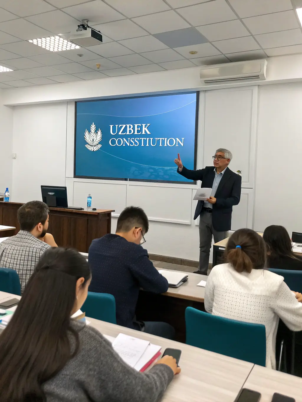A confident, professional Indian law professor in a classroom setting, engaging with students and explaining legal concepts, used to represent expert guidance on the JudiSure website.