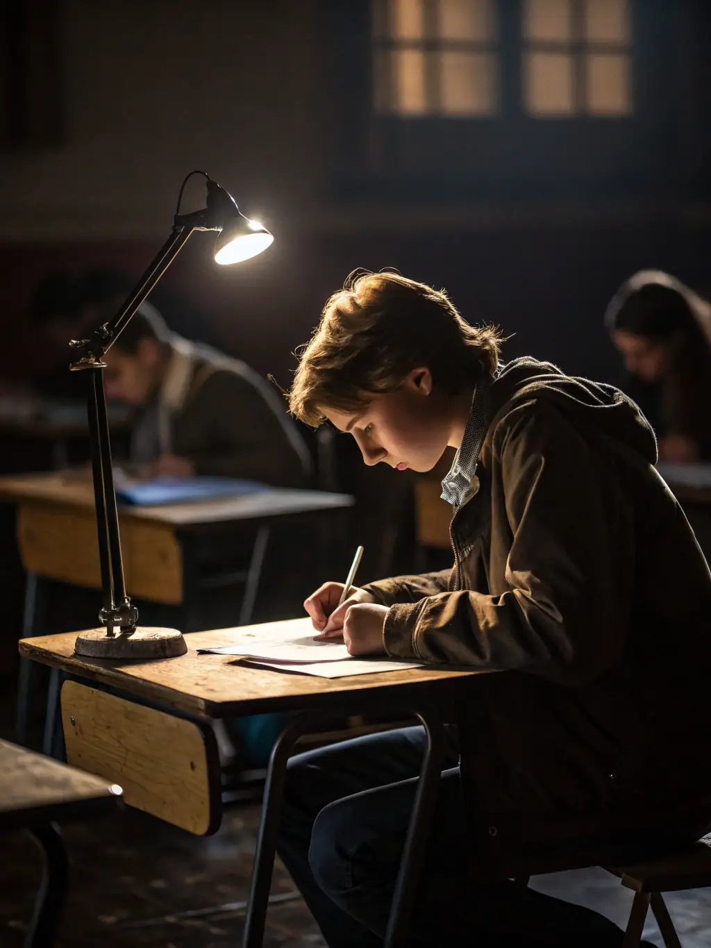 A student taking a mock test in a quiet exam hall, focused and writing answers, representing exam-focused preparation and practice for JudiSure.